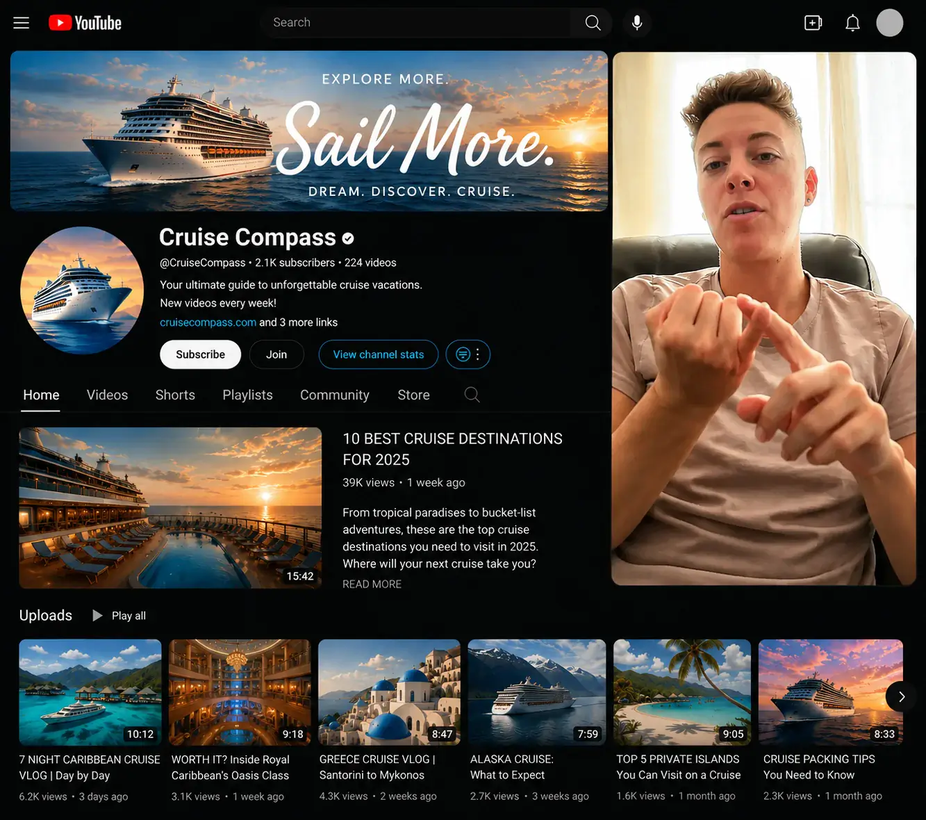 Sara reviewing a cruise YouTube channel during a channel audit