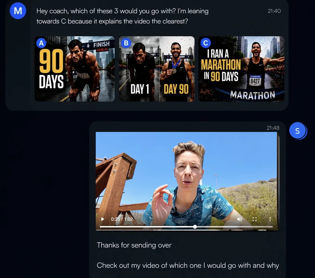 A creator asking a coach which thumbnail to choose and receiving personalized video feedback