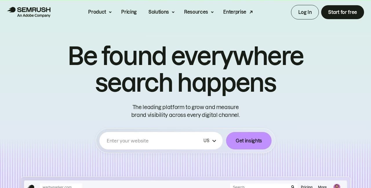 Semrush homepage for its search marketing platform