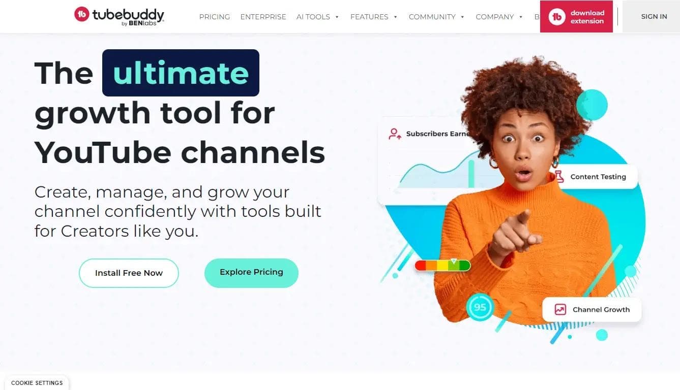 TubeBuddy homepage for its YouTube growth tools