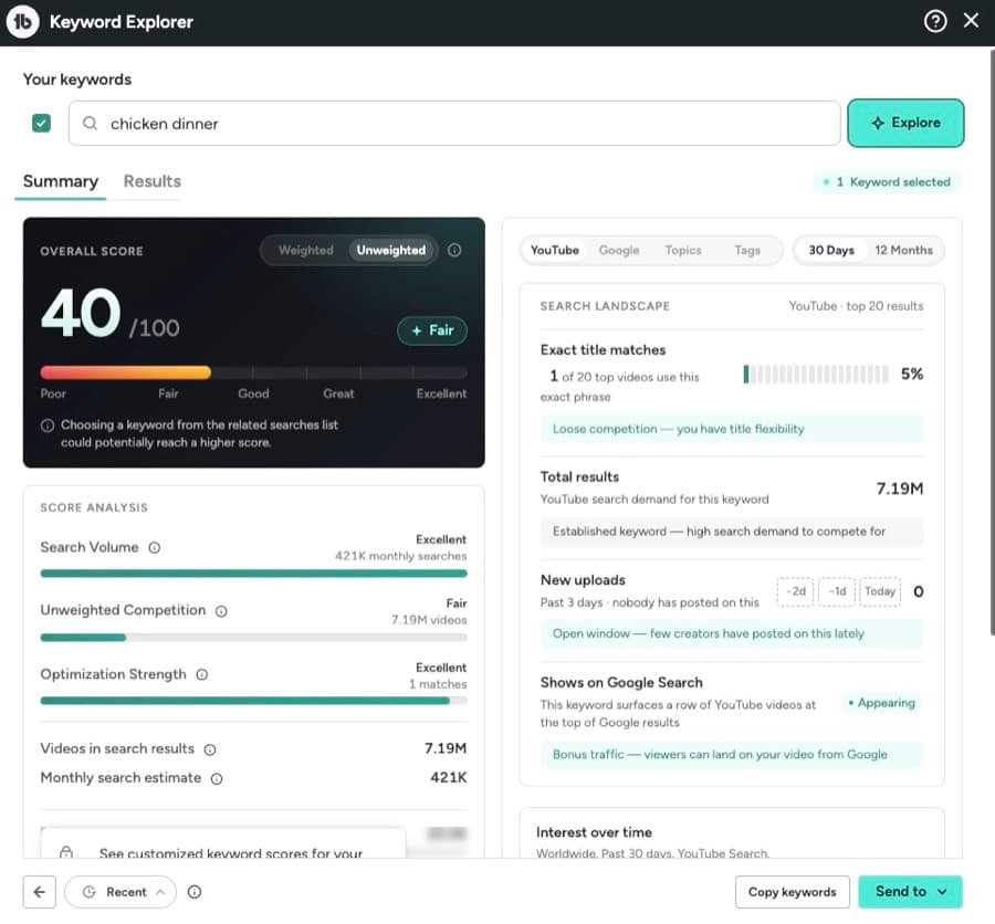 TubeBuddy Keyword Explorer analyzing a YouTube search term