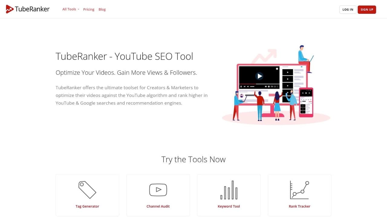 TubeRanker homepage for its YouTube SEO tools