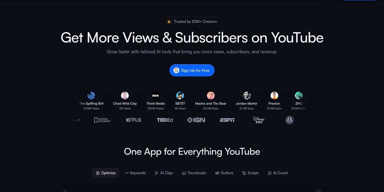 vidIQ homepage for its YouTube creator tools