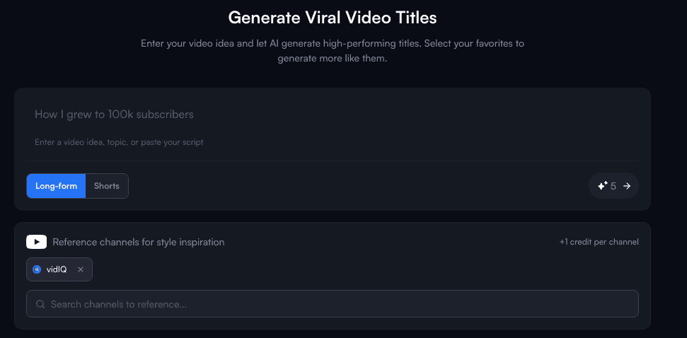 vidIQ title generator using a video idea as its input