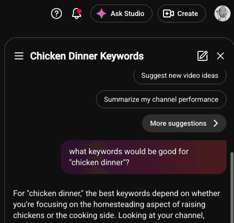 Ask Studio answering a question about video keywords
